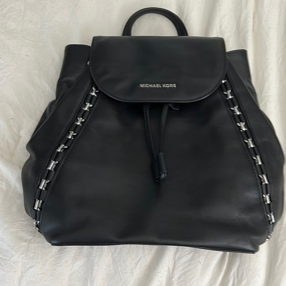 Michael Kors Black Leather Backpack with Silver Details
